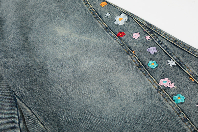 DAXUEN High-waisted wide-leg denim culottes with floral embroidery