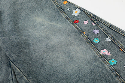 DAXUEN High-waisted wide-leg denim culottes with floral embroidery