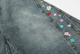 DAXUEN High-waisted wide-leg denim culottes with floral embroidery