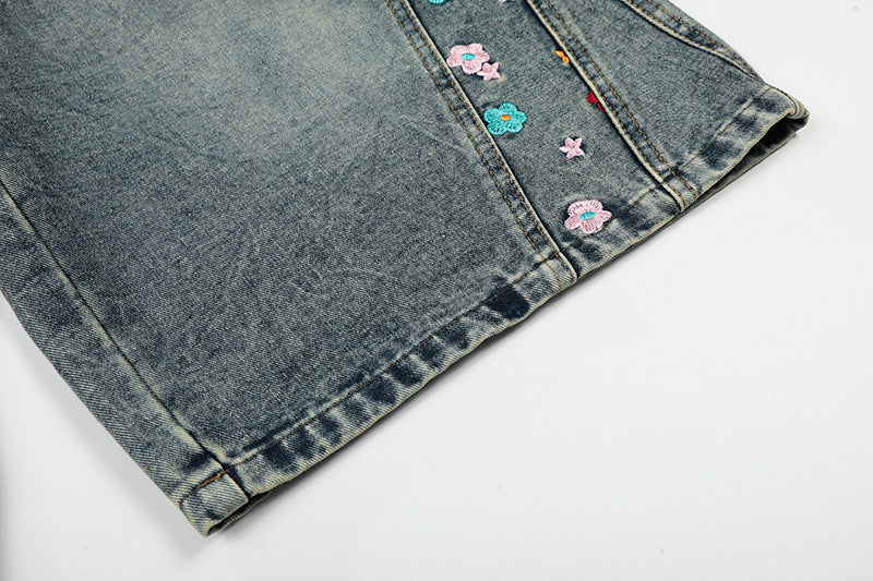 DAXUEN High-waisted wide-leg denim culottes with floral embroidery