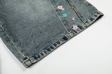 DAXUEN High-waisted wide-leg denim culottes with floral embroidery