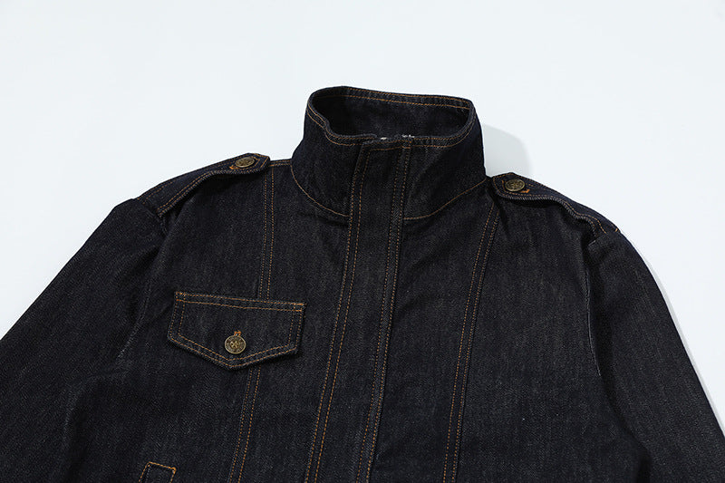 DAXUEN Cropped indigo denim jacket with gold-toned details