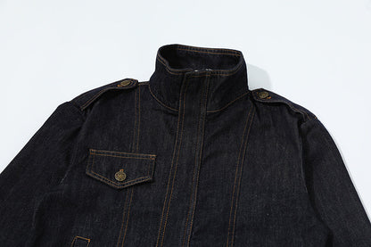 DAXUEN Cropped indigo denim jacket with gold-toned details