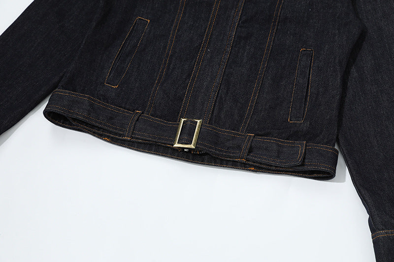 DAXUEN Cropped indigo denim jacket with gold-toned details