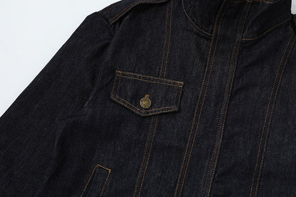 DAXUEN Cropped indigo denim jacket with gold-toned details