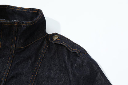 DAXUEN Cropped indigo denim jacket with gold-toned details
