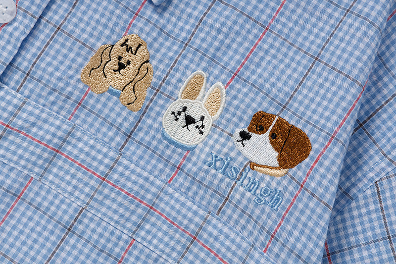DAXUEN Plaid short-sleeved shirt with dog embroidery