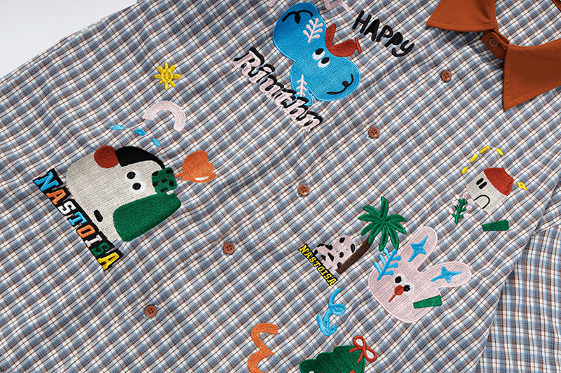 DAXUEN Short-sleeved collared shirt with plaid pattern and embroidery