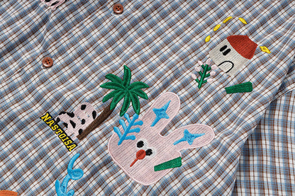 DAXUEN Short-sleeved collared shirt with plaid pattern and embroidery
