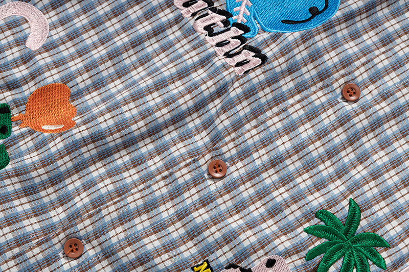 DAXUEN Short-sleeved collared shirt with plaid pattern and embroidery