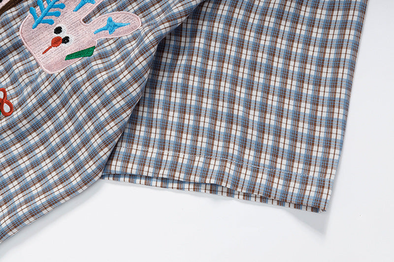 DAXUEN Short-sleeved collared shirt with plaid pattern and embroidery