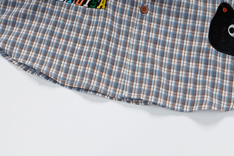 DAXUEN Short-sleeved collared shirt with plaid pattern and embroidery