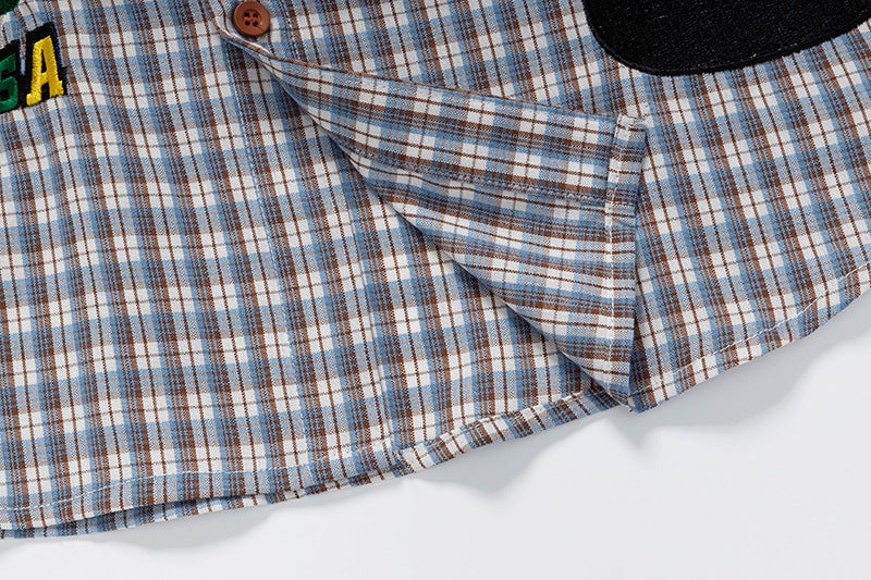 DAXUEN Short-sleeved collared shirt with plaid pattern and embroidery