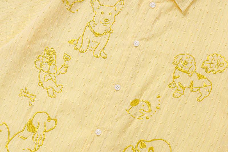 DAXUEN Retro puppy print button-up shirt with faux tie detail