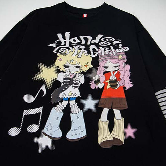 DAXUEN Black layered t-shirt with cartoon graphic