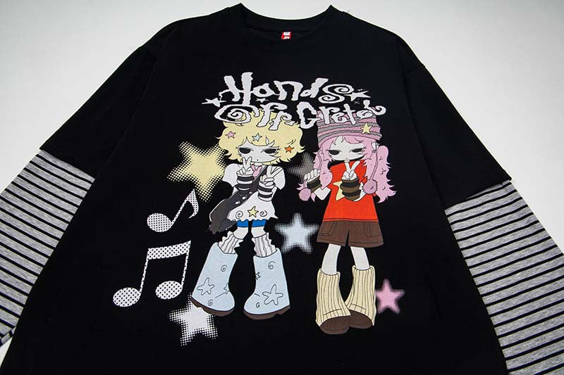 DAXUEN Black layered t-shirt with cartoon graphic