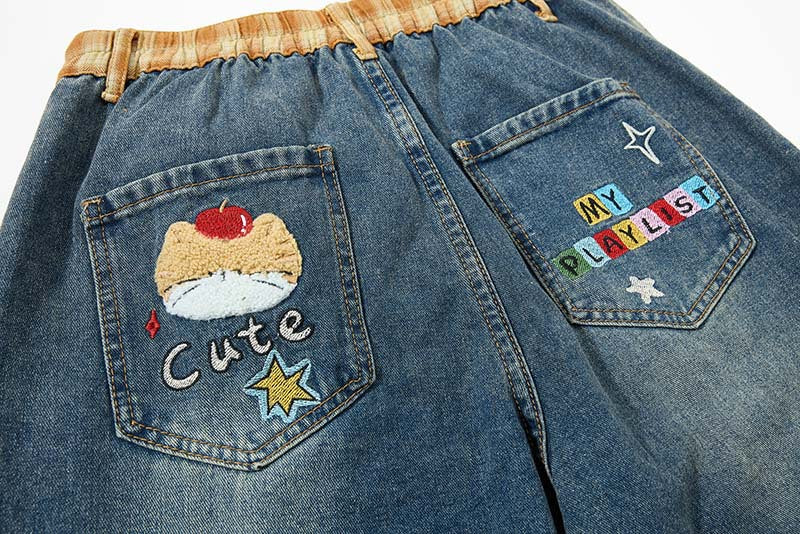 DAXUEN Colorful wide-leg cargo denim pants with embroidery