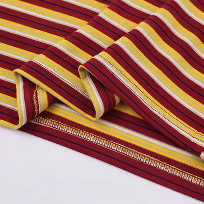 DAXUEN Burgundy and yellow striped crew neck t-shirt with cat graphic