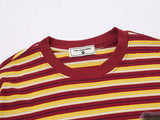DAXUEN Burgundy and yellow striped crew neck t-shirt with cat graphic