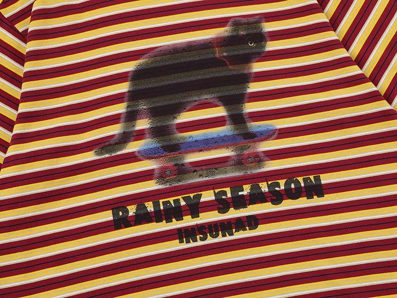 DAXUEN Burgundy and yellow striped crew neck t-shirt with cat graphic