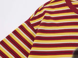 DAXUEN Burgundy and yellow striped crew neck t-shirt with cat graphic