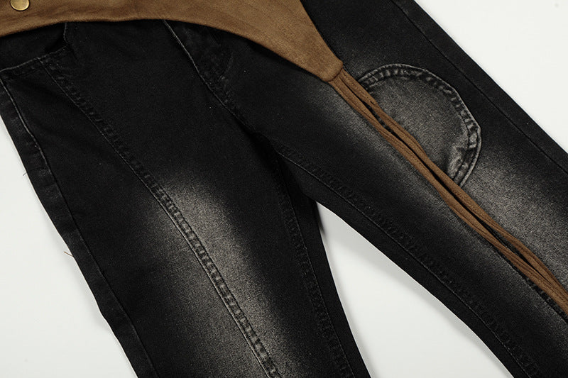 DAXUEN Washed black flared jeans with brown faux suede panel