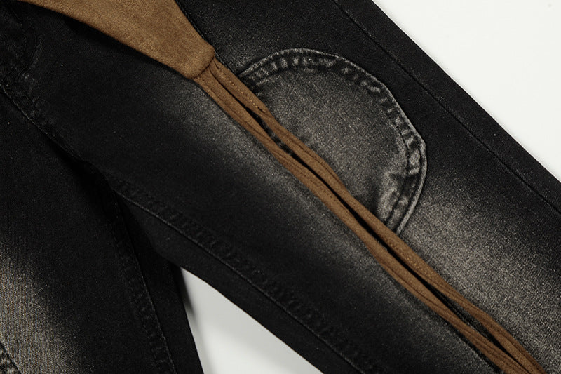DAXUEN Washed black flared jeans with brown faux suede panel