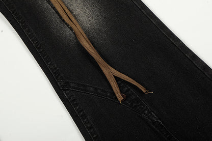 DAXUEN Washed black flared jeans with brown faux suede panel