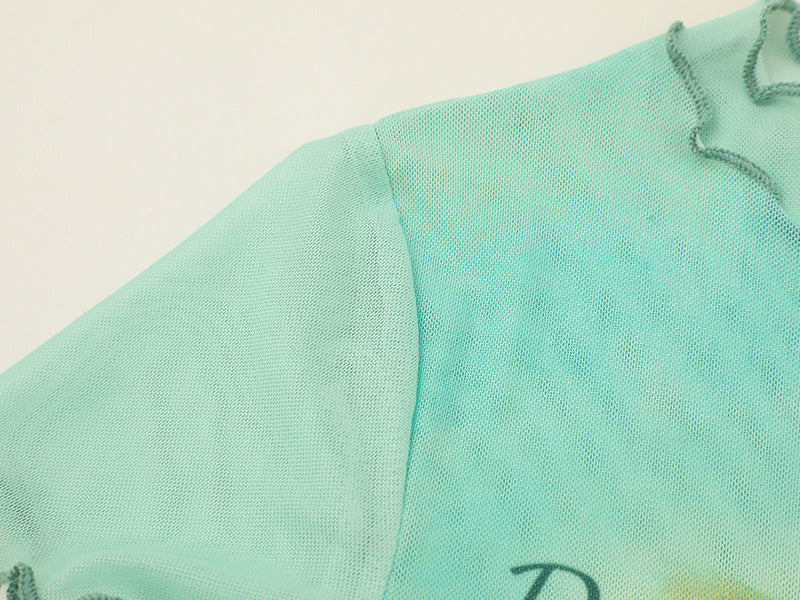 DAXUEN Light green sheer mesh short-sleeved t-shirt with cat graphic