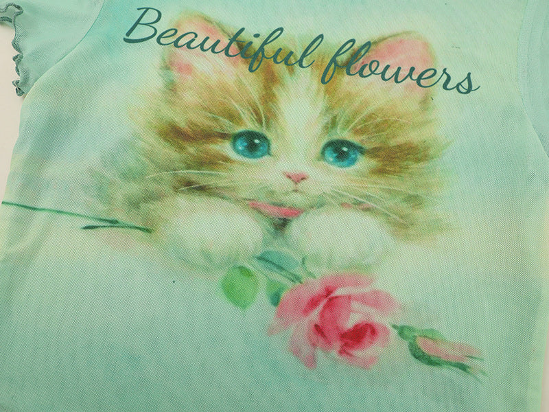 DAXUEN Light green sheer mesh short-sleeved t-shirt with cat graphic
