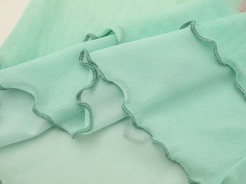 DAXUEN Light green sheer mesh short-sleeved t-shirt with cat graphic