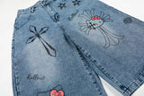 DAXUEN Light blue washed denim wide-leg shorts with graphic prints