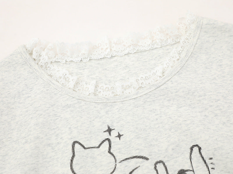 DAXUEN Ruffled short sleeve t-shirt with cat graphic