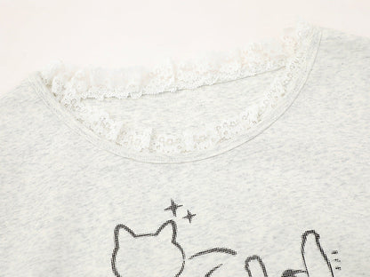 DAXUEN Ruffled short sleeve t-shirt with cat graphic