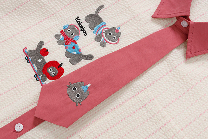 DAXUEN Embroidered cat tie collar short-sleeve shirt