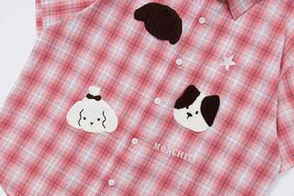 DAXUEN Short-sleeved oversized button-up shirt with plaid pattern and embroidery