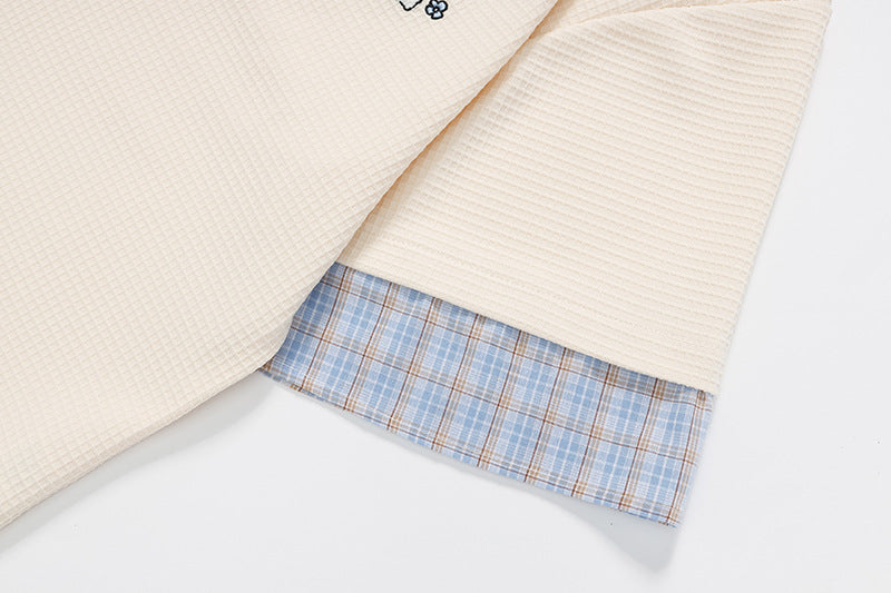 DAXUEN Layered waffle knit and plaid top