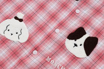 DAXUEN Short-sleeved oversized button-up shirt with plaid pattern and embroidery