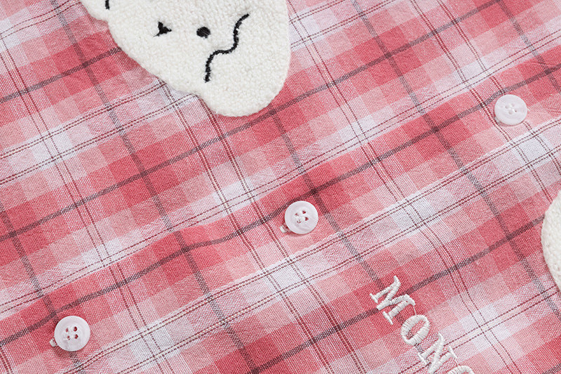 DAXUEN Short-sleeved oversized button-up shirt with plaid pattern and embroidery
