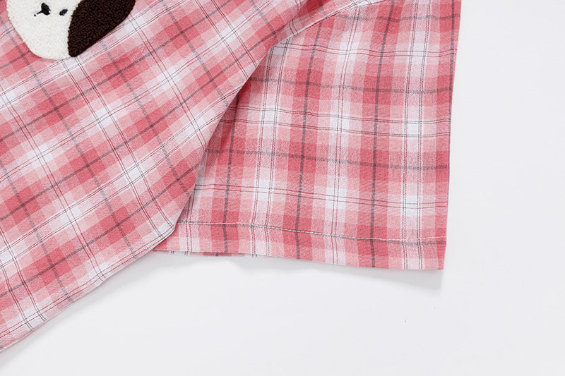 DAXUEN Short-sleeved oversized button-up shirt with plaid pattern and embroidery