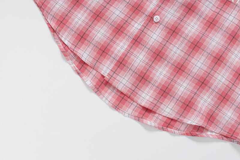 DAXUEN Short-sleeved oversized button-up shirt with plaid pattern and embroidery