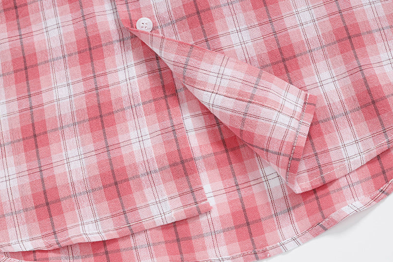 DAXUEN Short-sleeved oversized button-up shirt with plaid pattern and embroidery