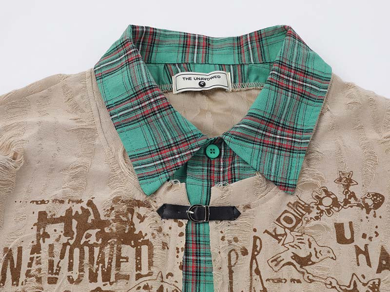 Grunge graphic long-sleeve shirt with plaid details