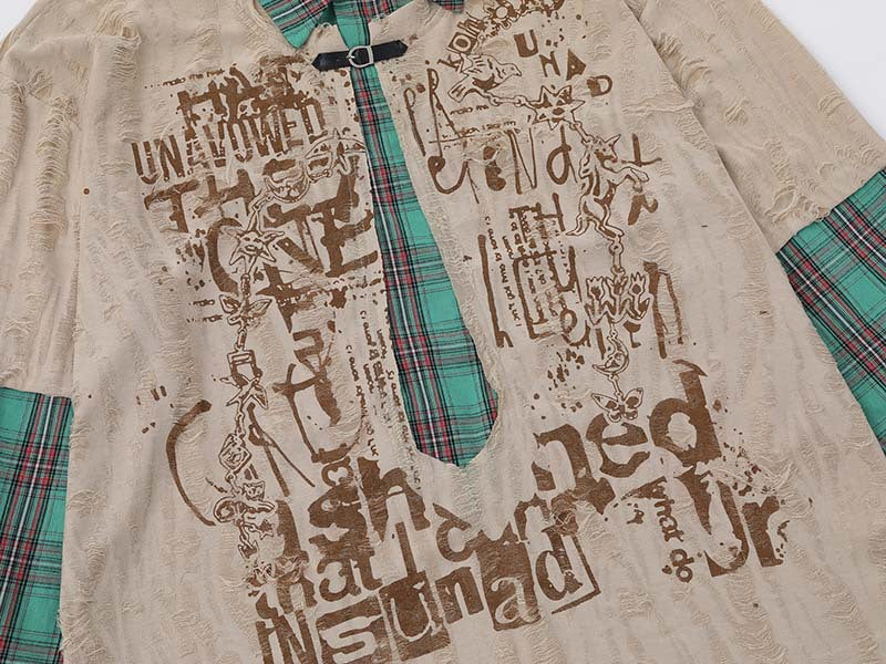 Grunge graphic long-sleeve shirt with plaid details