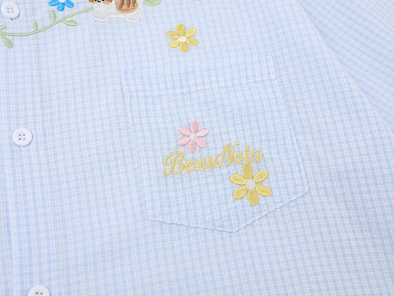 DAXUEN Short-sleeved embroidered gingham button-up shirt