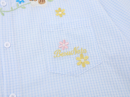 DAXUEN Short-sleeved embroidered gingham button-up shirt