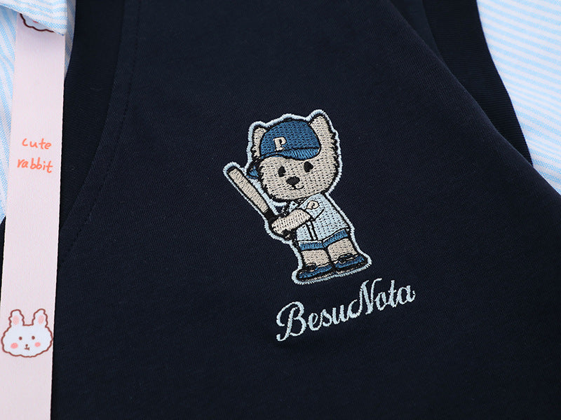 Layered mock vest graphic tee with bear embroidery