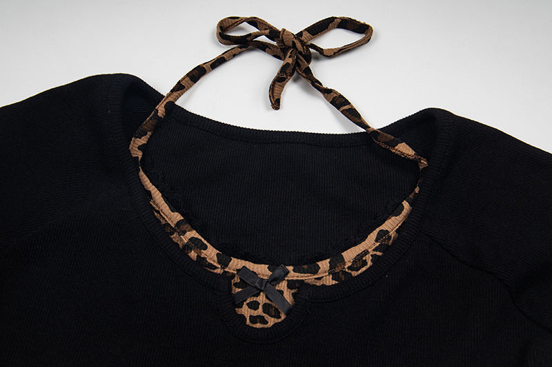 Layered leopard print knit top with V-neck