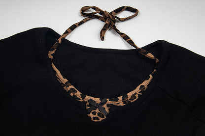 Layered leopard print knit top with V-neck