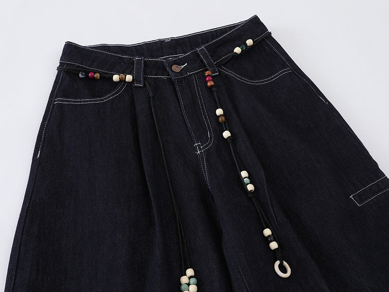 High-waisted wide-leg denim pants with bead details